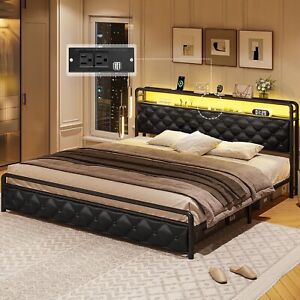 King Size Bed Frame with LED Light &Storage Headboard, Faux Leather Platform Bed