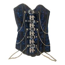 Corset Handmade Black Leather Steel Boned Waist Training Blue Lace Brocade XS