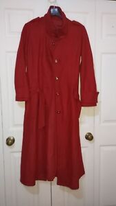Womens Red Vintage Wool Trench Coat Button Collar Belt Pocket Winter Fall S