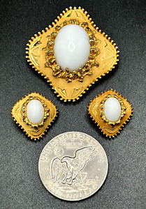 Vintage Joseph Mazer JOMAZ Enamel Guilloche Gold Cabochon Brooch Earrings SET