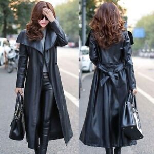 Black Leather Trench Coat Women's Genuine Cowhide Winter Long Overcoat Jacket