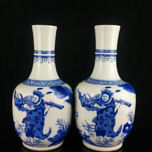 New ListingA Pair Chinese Blue&white Porcelain HandPainted Exquisite Figure Vases 15556