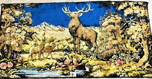 Vintage Italian Velvet Tapestry Rug Wall Hanging Deer Stag Fawns MCM Blue Green