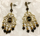 Vintage Gold Tone Chandelier Earrings Brown Beige Beads Open Work Ornate Pierced