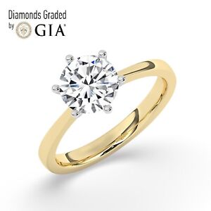 GIA, 1 CT, Solitaire 100% Natural Round Diamonds Engagement Ring,18K Yellow Gold