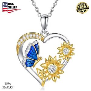 925 Sterling Silver Butterfly Sunflower Heart Necklace Gifts for Women Pendant
