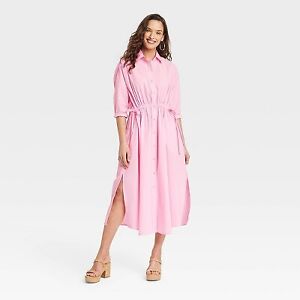 Women's Long Sleeve Cinch Waist Maxi Shirtdress - Universal Thread Pink L