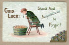 Halloween, Guid Luck, Boy on Chair Dropping Fork in Apple Barrel, 1909 Postcard