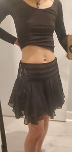 Bebe Black 100% Silk Flare Layered Pirate Buckles Short Mini Skirt XS 0 2