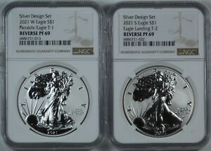 2021-W / S NGC PF69 Reverse Proof Silver Eagle 2 Coin Designer Set ASE Type 1&2