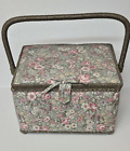 Sewing Box Basket w/ Handle Cloth Padded Floral Fabric Pink Gray