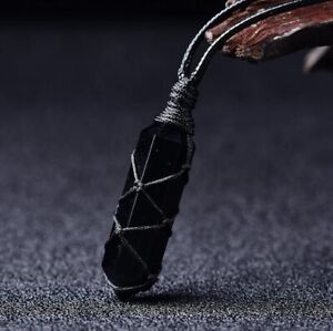 Black Obsidian Hexagonal Amulet Healing Reiki Point Wrapped Pendant Men Necklace