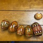 Lot of 4 Small & One Large Vintage Hand Painted Ukranian Wooden Eggs One Stand