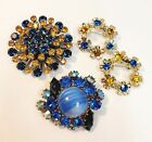 3 Vintage Brooch Lot Blue Yellow Rhinestones Art Glass Austria  Flowers