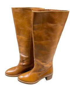 ZARA Spain Brown Tan Leather Knee High Block Heel Boots Womens Size 39 EUR