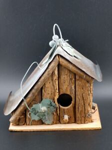 Slant Roof Log Birdhouse with Tin Roof and Grapevine Decor