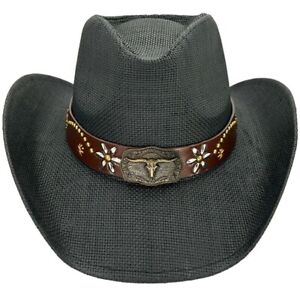 Black Western Cowboy Hat Top Quality Cowgirl Heavy Duty Leather Band Bull Buckle