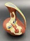 Keramos Ceramic Pitcher Handpainted Enameled Mosaic Butterfly Israel Signed R.T.