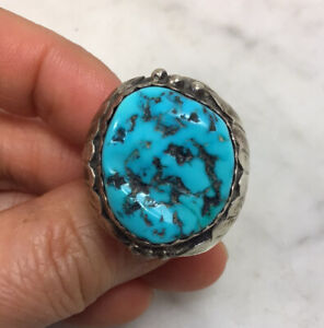 Native American Old Pawn Sterling Silver Turquoise Ring Size 10
