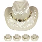 Adult CREAM WHITE Straw COWBOY HAT w/ Beads Shapeable WESTERN Cowgirl