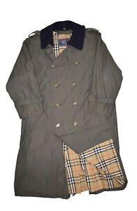 Vintage Burberry Trench Coat Men 40R Olive Wool Collar Tartan Plaid Lined Belted