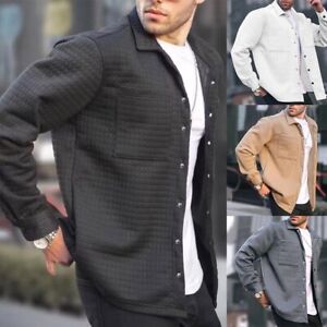 Mens Lapel Small Plaid Cardigan Jacket Button Shirt Coat Long Sleeve Outwear Top