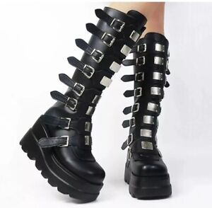 Size 8 Chunky Platform Knee High Boots Round Toe Zipper Heel Combat Gothic Women