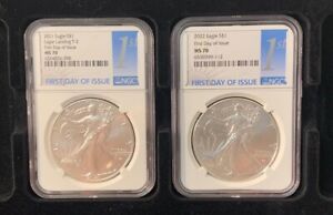 2021 W American Silver Eagle MS70 First Day Of Issue NGC Two Coins NGC