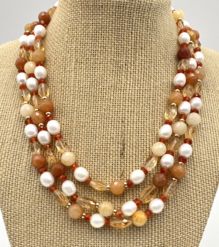 Beautiful Designer Zoe B 14K Pearl Citrine Carnelian Triple strand necklace
