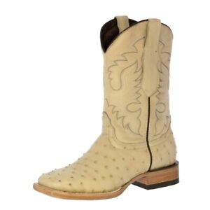 Mens Sand Cowboy Boots Real Leather Pattern Ostrich Quill Western Square Toe