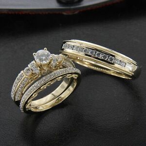 Bridal Trio Wedding Ring Set 14k Yellow Gold FN His Her 3 CT Lab-Created Diamond