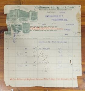 1912 Billhead Shulenburg Texas Maryland Baltimore Bargain House
