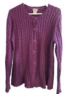 LL Bean Sweater Women's XL Cardigan Button Front Cable Knit Purple 100% Cotton