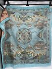 Vintage Chinese Brocaded Flowers Tablecloth with fringe Blue Real Tapestry Silk