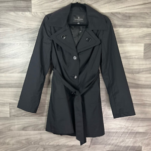 London Fog Trench Coat Women's S Black Solid Buttons Pockets Collar Belted