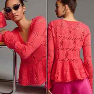 ANTHROPOLOGIE Pilcro Pointelle Button Up Babydoll Sweater Coral Size Small