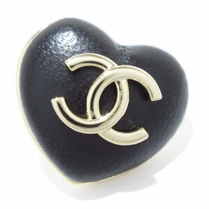 Auth CHANEL - Black Gold Leather Hardware Brooch