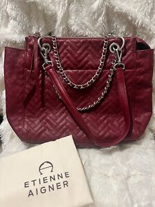 Etienne Aigner Red Herringbone Genuine Leather Shoulder Handbag Purse Size Large