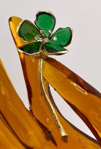Vintage Poured Glass Pate De Verre Flower Brooch Green Lily Rhinestones Chanel?