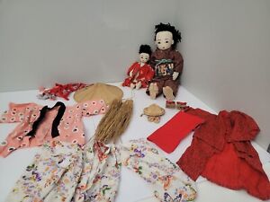 New ListingLot of Vintage 2 Asian Cloth Oriental Dolls, Shoes Hats Kimonos Clothes Skirts