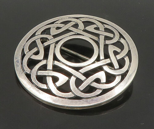 925 Sterling Silver - Vintage Shiny Round Open Celtic Knot Brooch Pin - BP9161