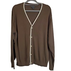 Alex Stevens Mens Knit Cardigan Sweater 100% Cotton Brown Beige Trim Size XXL
