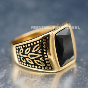 MENDEL Mens Gold Plated Stainless Steel Black Obsidian Stone Ring Men Size 7-15