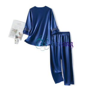 women's thin silk pajamas embroidered lace two-piece set