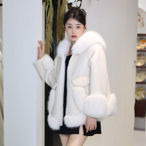 2023 Winter Fox Fur Hooded Trench Coat Women's Mink Fur Zipper Hooded Jacket New