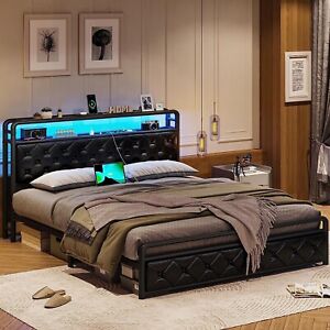 King LED Bed Frame with Storage Headboard Faux Leather Platform Bed Frame Black