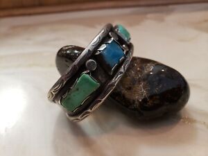 Old Pawn Silver Turquoise Cuff Bracelet Vintage - 4 large stones 44g