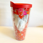 Tervis Insulated Tumbler 24 oz Hearts W/ Red Lid EUC clear Valentines Travel Cup