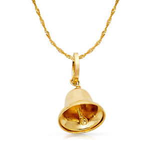14K Yellow Gold Bell Charm Pendant with 0.9mm Singapore Chain Necklace