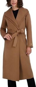 TAHARI Womens Maxi Coat Double Face Wool Blend Belted Long Sleeves Wrap Camel